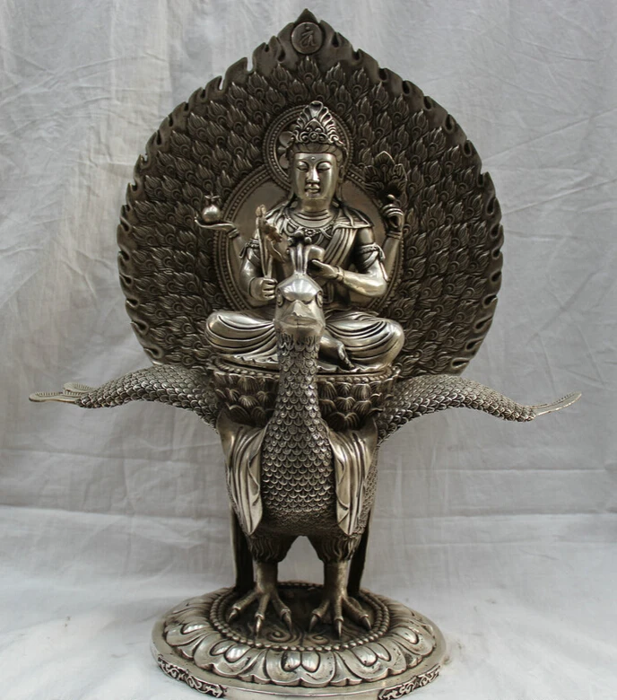 

fast shipping USPS to USA S2396 19" Chinese Buddhism silver 4 Hands Kwan-yin Guan Yin Goddess seat phoenix Statue