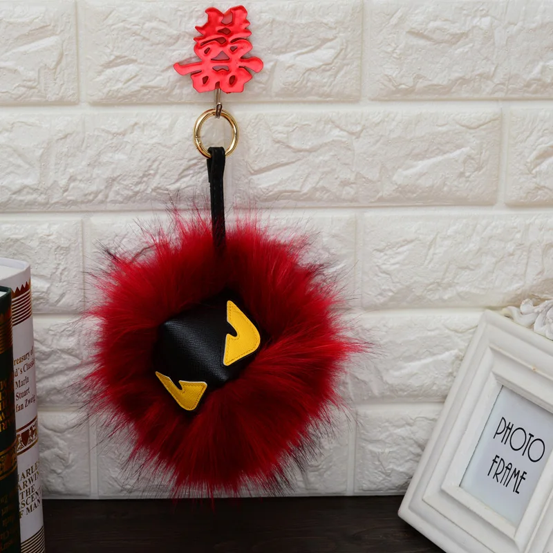 

Felyskep Leather Wallet Pom Pom Fur Monster Key Chain Key Ring Bag Car Charm For Women Plush Keychain 014WA