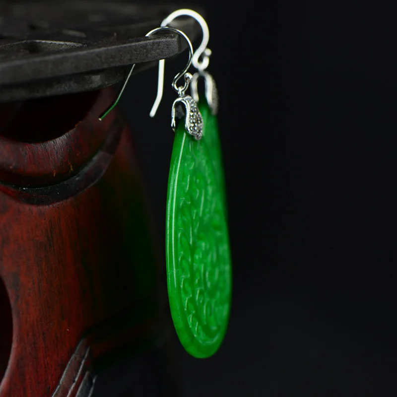 Натуральный зеленый нефрит серьги для женщин Настоящее 925 пробы серебряные ювелирные изделия полые цветы дизайн в форме капли воды