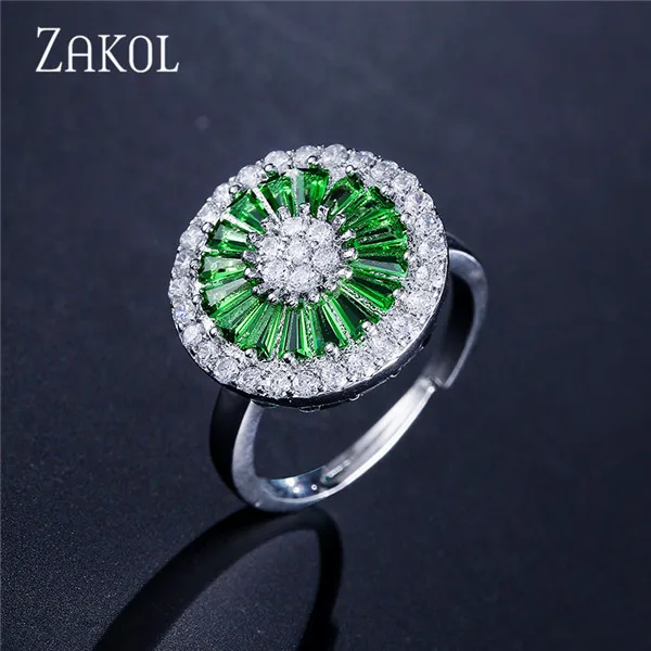 ZAKOL, модные, в европейском стиле, трапециевидные, круглые, с кристаллами, кубическим цирконием, проложенные, открытые кольца для женщин, ювелирные изделия, вечерние, юбилейные, FSRP2037 - Цвет основного камня: Green