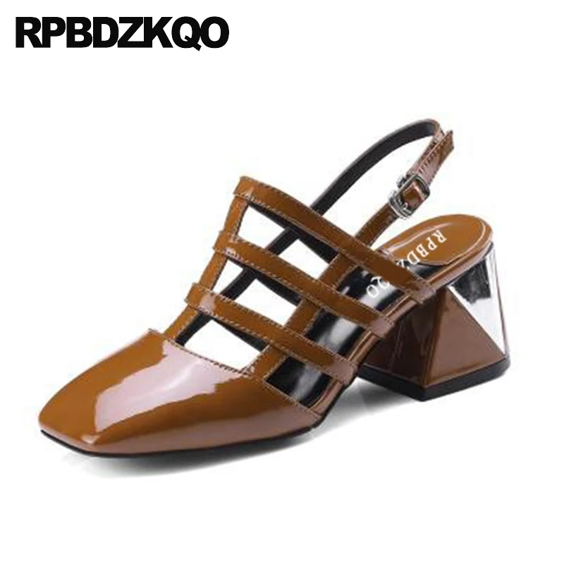 

Big Size Strap Luxury Shoes Patent Leather Block Heels Slingback 10 42 Strappy High Retro Runway Square Toe Pumps Chunky Women
