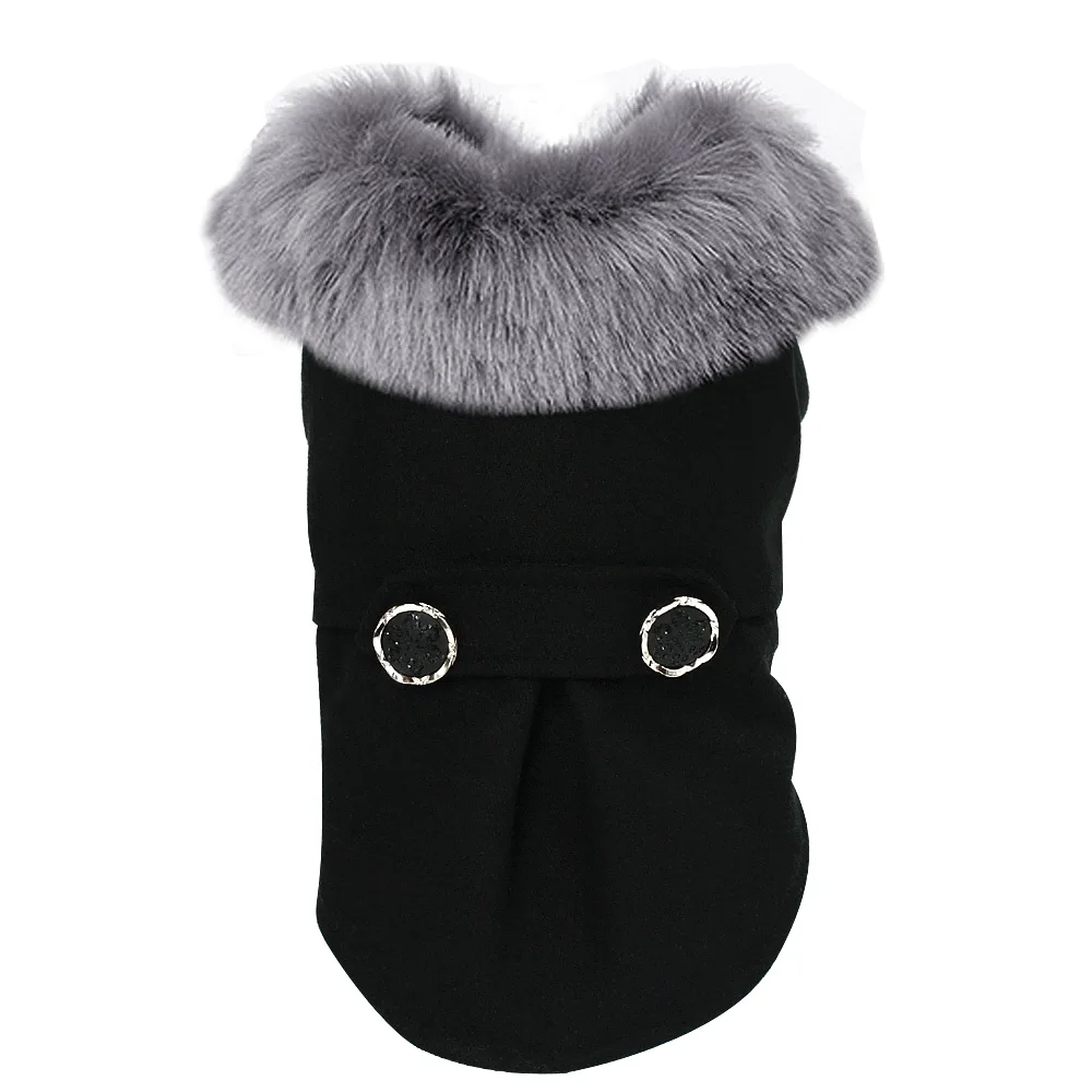 Зимняя собачья шерстяная одежда с меховым воротником щенок йоркширского терьера куртка для собаки пальто Одежда для маленького среднего домашнее животное Чихуахуа Размер S-XXL - Цвет: Черный