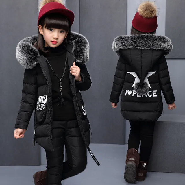 Girls Clothing Sets For Russia Winter Hooded Warm Vest Jacket+Warm top ...