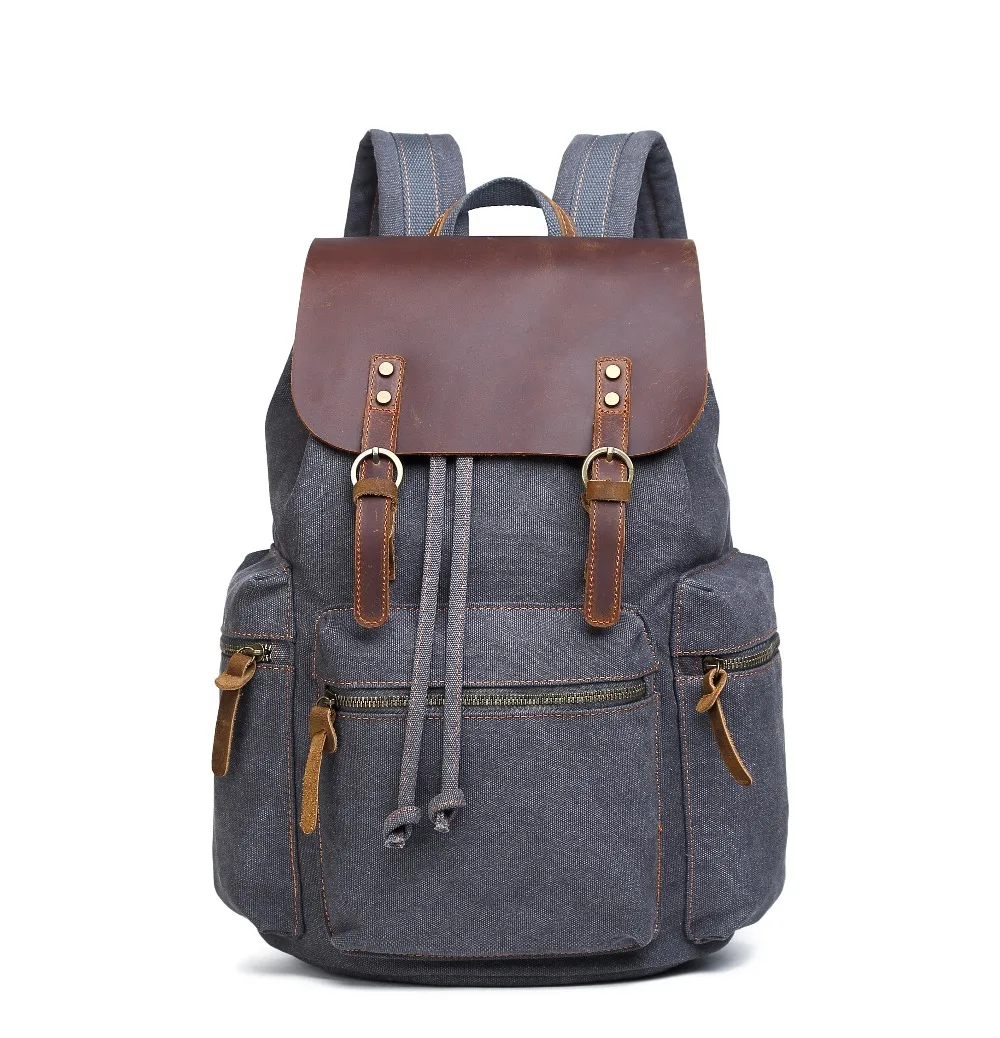 

Unisex Retro Canvas School Backpack with Authentic Leather Flap Casual Rucksack Fit for 15.6 Inches Laptop Men Vintage Backpack