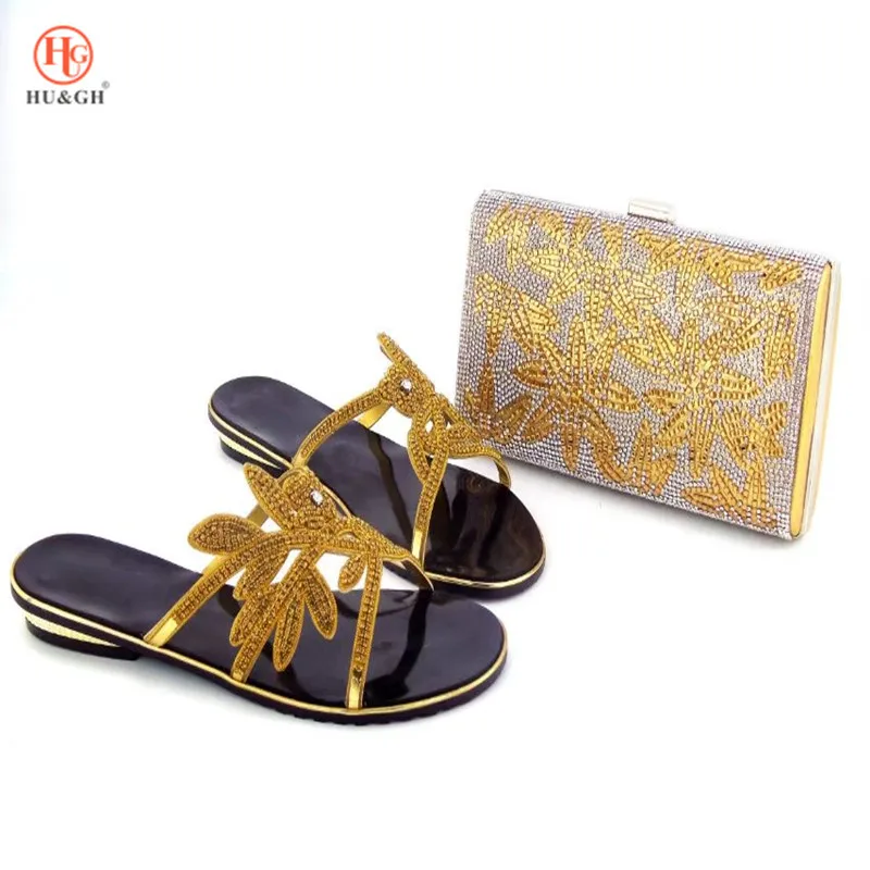 

New Arrival Golden Color Women Italian African Party Pumps Shoes and Bag Nigerian Women Wedding Shoe and Bag African Party Shoes