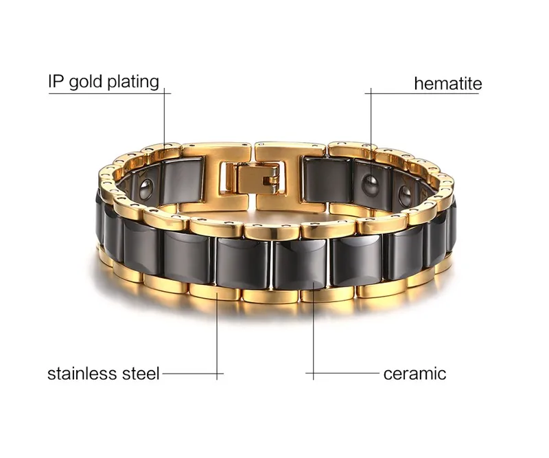 Vinterly браслет из гематита для мужчин энергия здоровья Черное золото цвет керамические браслеты мужские ручной цепи звено ювелирные изделия - Окраска металла: Золотой цвет