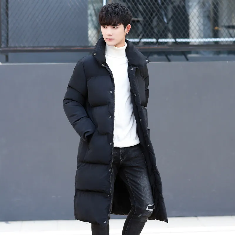 Зимняя приталенная мужская длинная парка в Корейском стиле, утепленная куртка-пуховик для больших мальчиков, ветровка со стоячим воротником, теплое пальто большого размера M-4XL