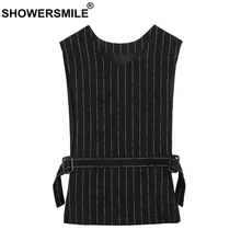 SHOWERSMILE Womens Vest Jacket Black Striped Waistcoat Ladies Linen OL Adjustable Waist Slim Fit Female Short Spring Gilet 3xl