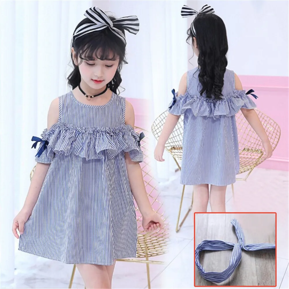 

2PCS/lot Kids Baby Toddler Girl Outfit clothing clothes Strapless Stripe Dress + Headband Set
