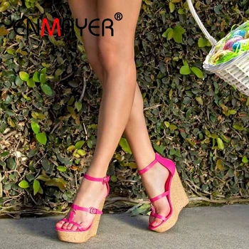 

ENMAYER Buckle Strap Genuine Leather Womens Shoes High Heels Sandals Women Plataformas Mujer Sandalias Size 34-43 ZYL2596