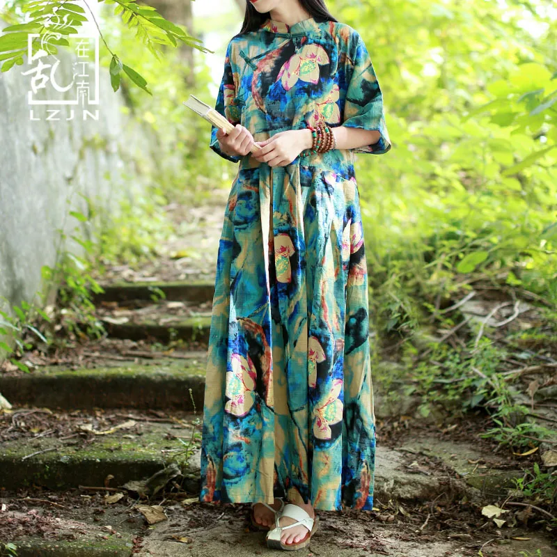Женское платье макси с коротким рукавом и воротником стойкой|plus size women dresses|summer maxi