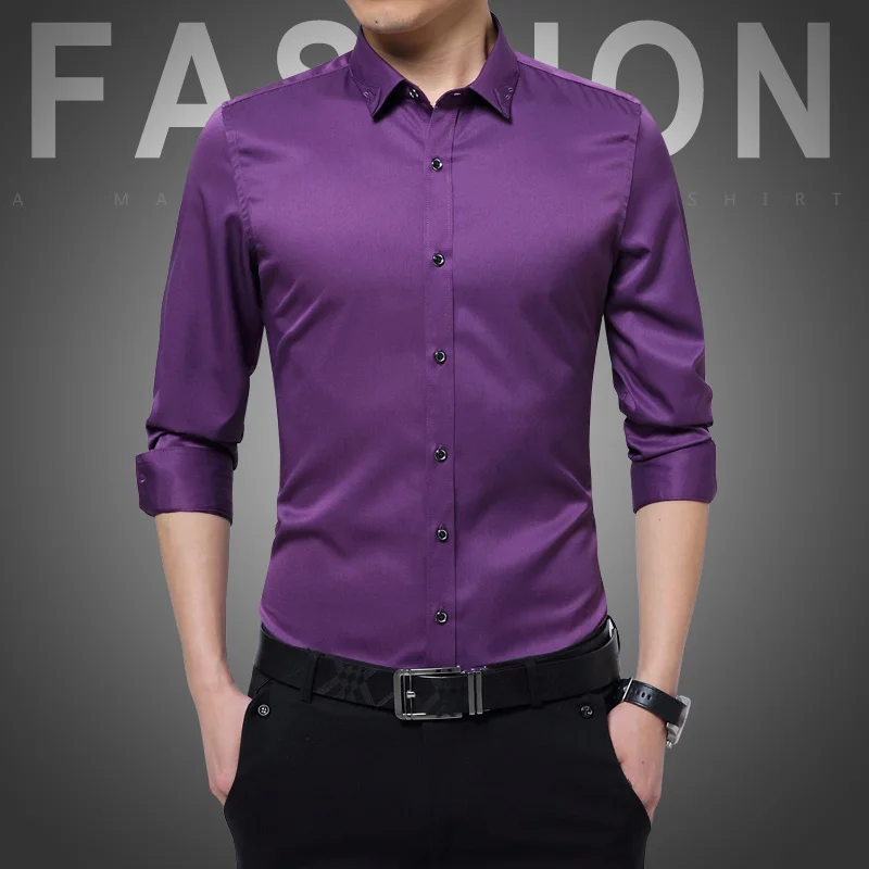 Новое поступление, мужская рубашка, Модная приталенная Мужская рубашка с длинными рукавами, осенняя блузка, мужские повседневные рубашки 5XL Camisa Masculina - Цвет: purple