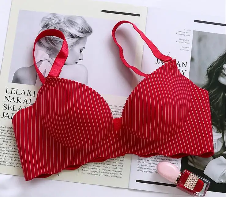 Baharcelin ABC чашки новые женские молодая девушка Push-Up Bra Бесшовные провода бесплатно французские Романтический собрались полосатый бюстгальтер милые женское бра - Цвет: red