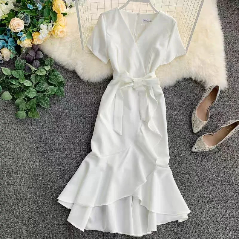 2019 Summer Ladies Ruffled Short-sleeved Wrap Dress  High Waist Solid Graceful Women Sashes Vestidos Natural Casual