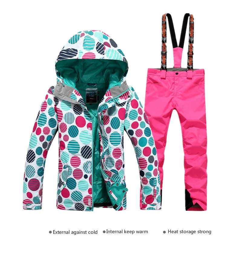 GSOU/Зимний женский лыжный костюм с волнистыми точками зимняя ветрозащитная Водонепроницаемая плотная теплая дышащая износостойкая лыжная куртка+ лыжные штаны