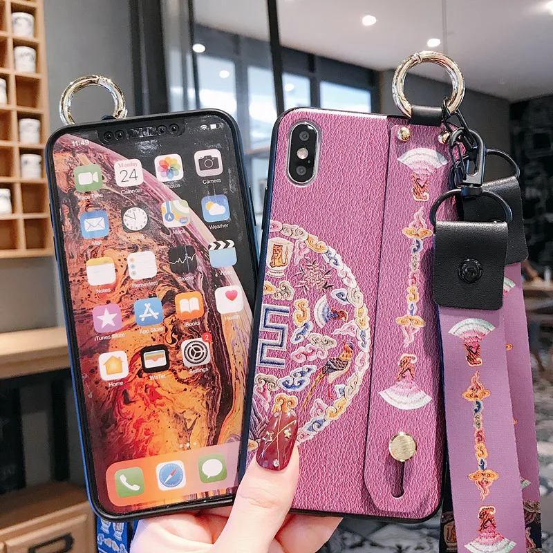 Lanyard Kickstand Phone Case For iphone 7 8 6 6s plus X Xs max XR Flower Soft Silicone Wrist Strap Phone  Case For iPhone X XS 10 (8)