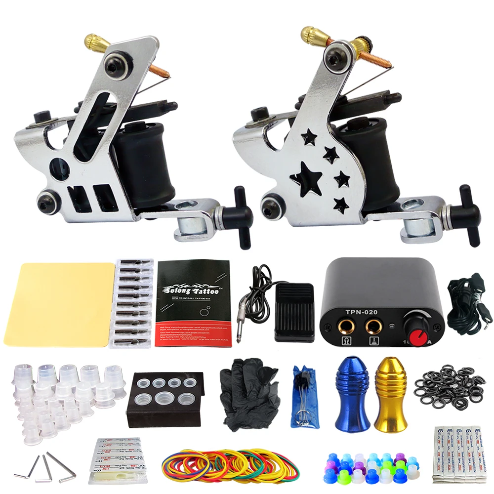 

Professional Tattoo Kit Body Tattoo Art 2 Tattoo Gun Machine with Grips Needles LCD Black Power Units Body Art Sets TK201-22