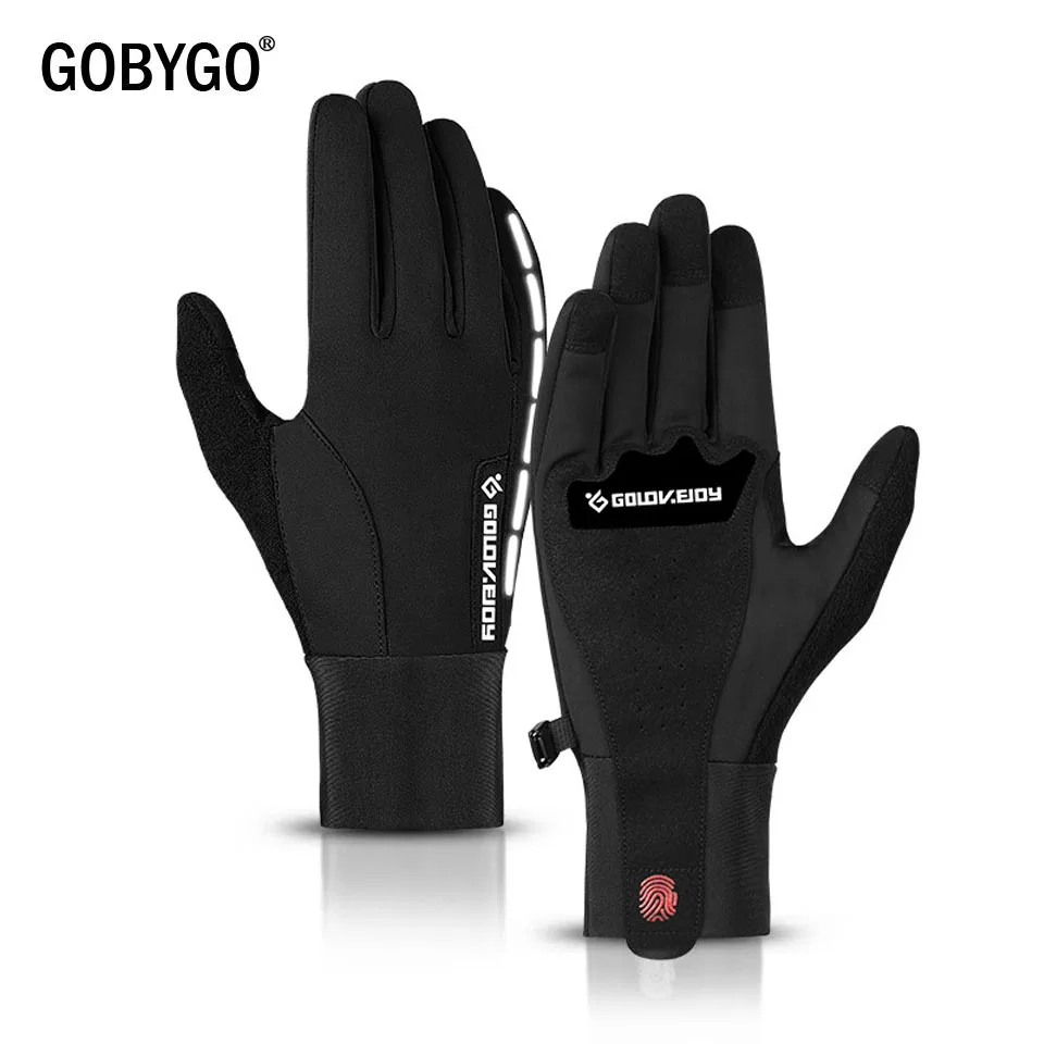 GOBYGO Сенсорный экран велосипед перчатки зимние Термальность ветрозащитный Теплый Полный палец велосипедные перчатки противоскользящие велосипедные перчатки для Для мужчин Для женщин - Цвет: Black