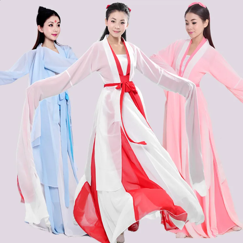 Китайский народный танец древних китайский костюм феи одежда платье для Для женщин Hanfu воды рукава национальный традиционный сценические