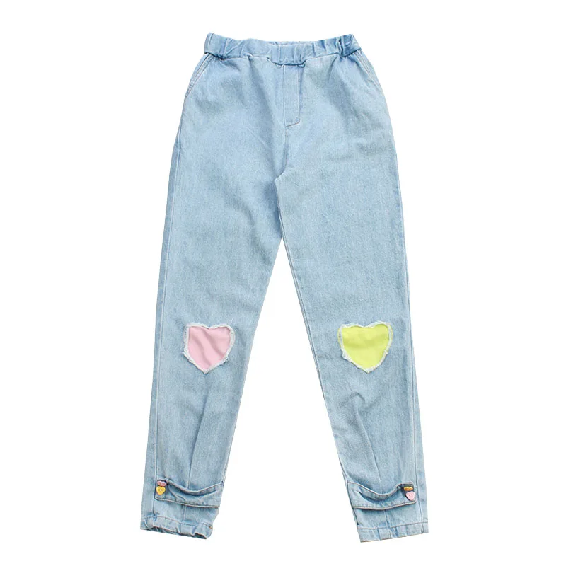 

Women Summer Thin Denim Pants Jeans Full Length Heart-shaped Patch Ripped Hole Button Mid-waist Femme Denim Trousers