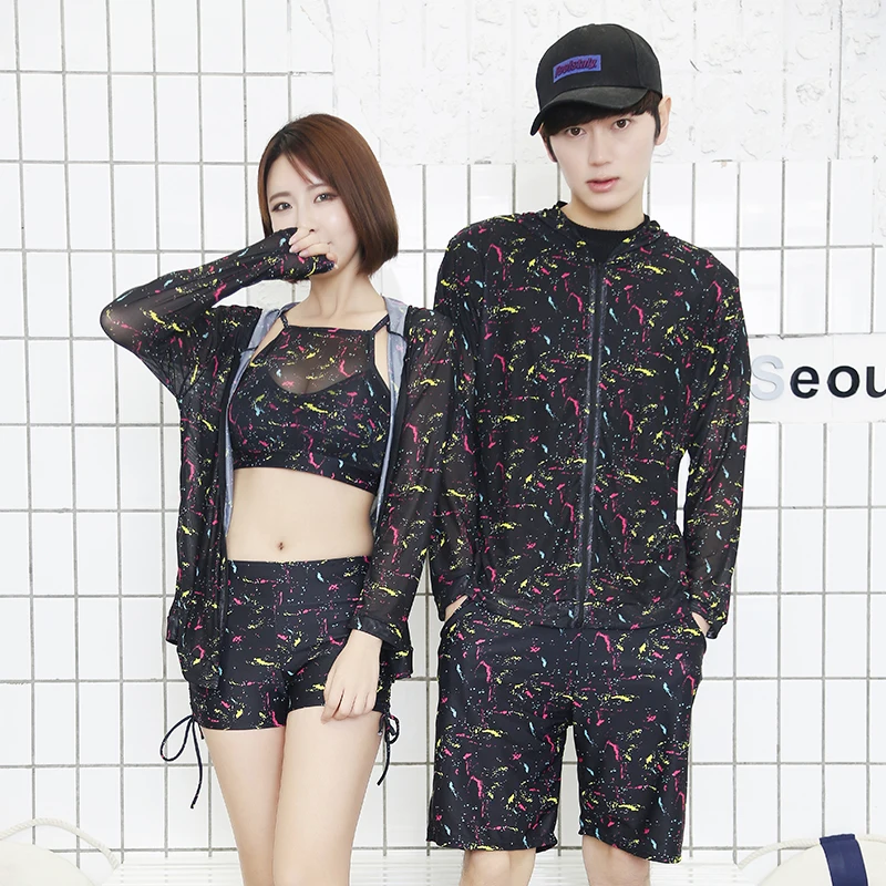 

Couples Swimwear Rash Guards Men Women Long Sleeve Print Zipper Jacket Bra Shorts Couples Beachwear Sport Bathing Suits Wetsuits