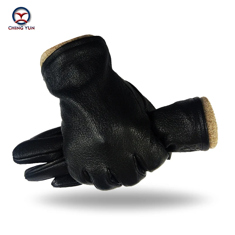 

CHING YUN New Winter man deer skin leather gloves male warm soft men's gloves black men mittens 70% wool lining large size glove