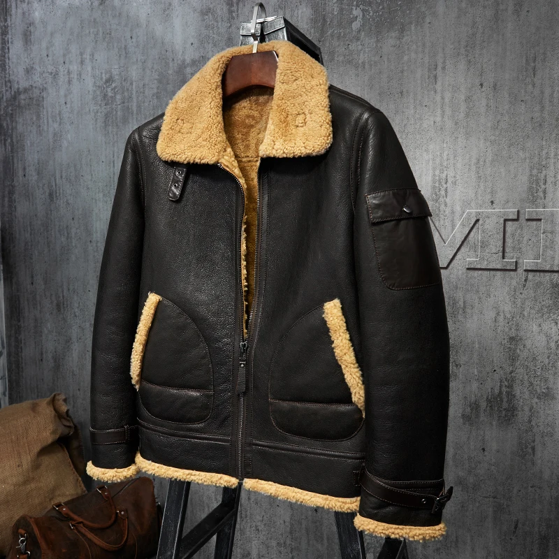  B3 Shearling Chaqueta de cuero para hombre Abrigo de piel para hombre  Chaqueta de cuero piloto, Marrón claro : Ropa, Zapatos y Joyería