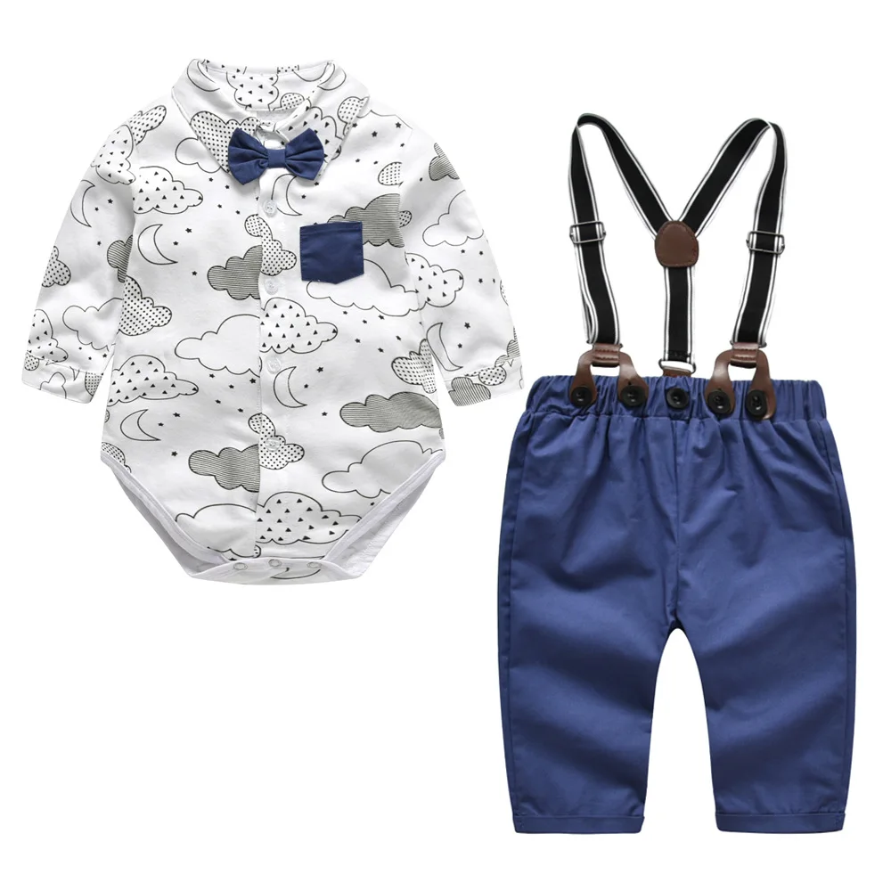 

Baby Boys Clothing Sets Cotton Long-Sleeved White Print Rompers + Pant For Little Gentleman 6-24 Months