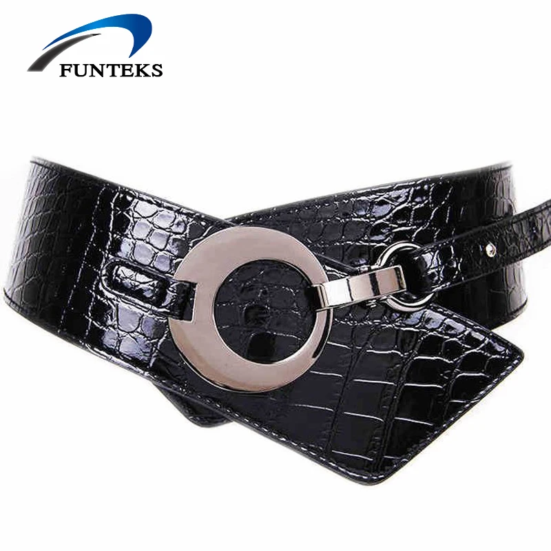 Fashion Women Elastic Wide Belt Female Crocodile Pattern Leather Belt