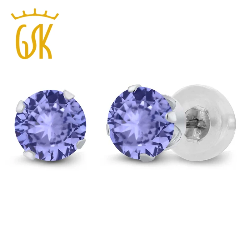 Image 1.00 Ct Round Cut Genuine Tanzanite Solid 14K White Gold Stud Earrings 5mm