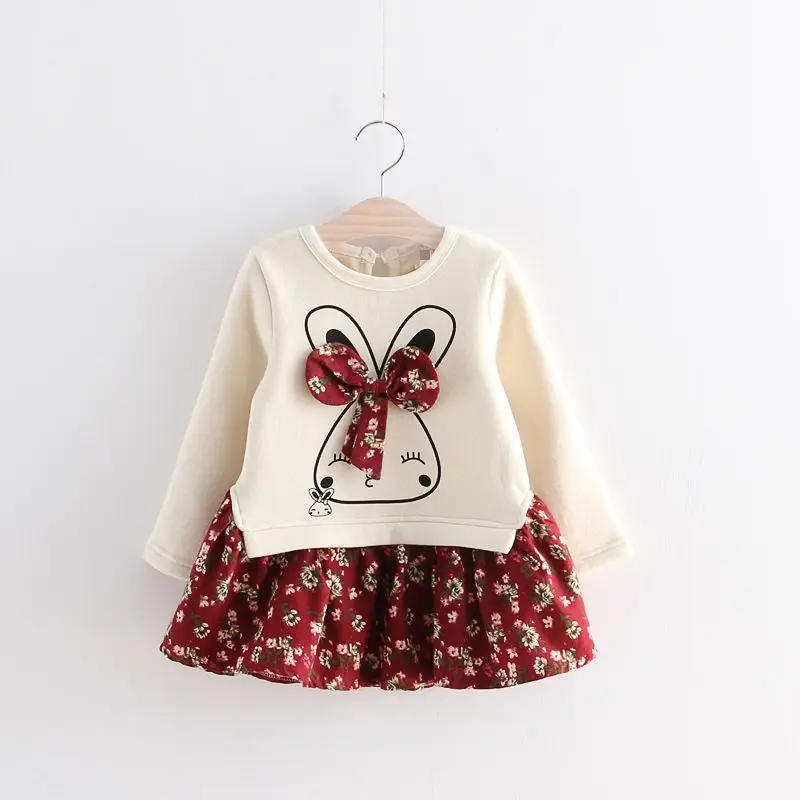 Baby Girl Clothes Winter Autumn Fashion Cute Rabbit Flowers Print Bow Girls Dress Long Sleeve Patchwork Baby Girl Princess Dress