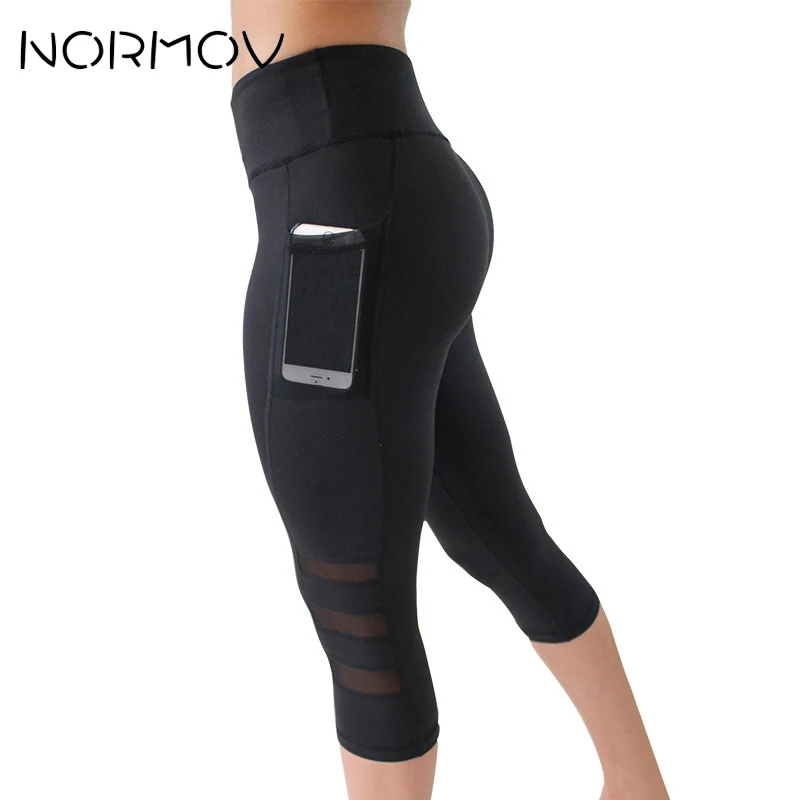 

NORMOV Pocket Mesh Yoga Pants Tights Women Summer Fitness Clothing Sexy High Waist Leggings Sport Fitness Black Capri Pants