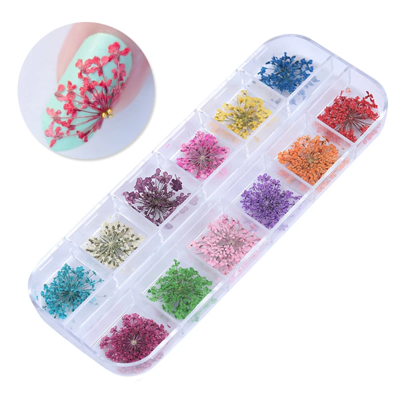 12 сеток/коробка 3D Стразы для ногтей натуральные красочные сушеные цветы украшения для УФ-гель для дизайна ногтей лак украшения аксессуары