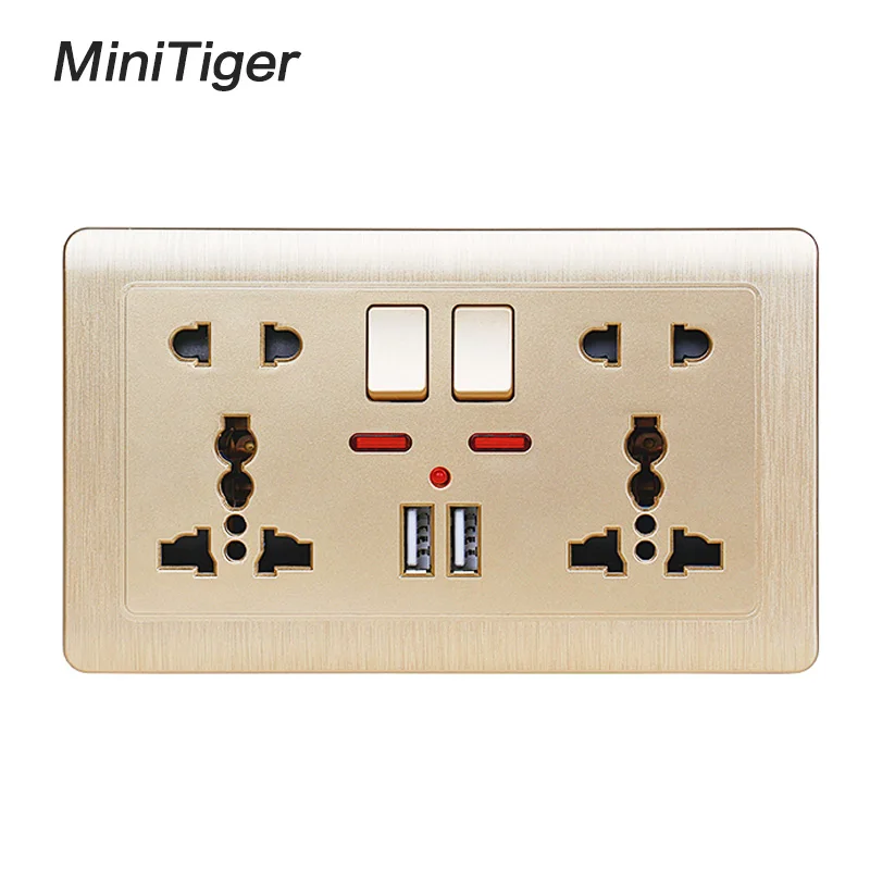 Minitiger 2.1A двойной USB зарядное устройство Порт светодиодный индикатор настенный разъем питания двойной Универсальный 5 отверстий переключаемый выход 146 мм* 86 мм - Тип: Gold Socket-