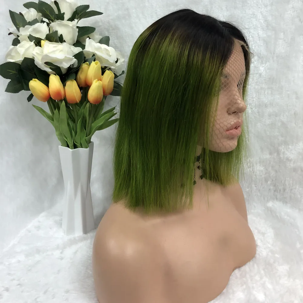 Омбре с темными корнями 1B/Green Remy 150% человеческие волосы на кружеве парики цветной