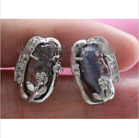 

Genuine Natural 13x18mm Black Baroque Biwa pearl Earrings 925silver hook #f2367!