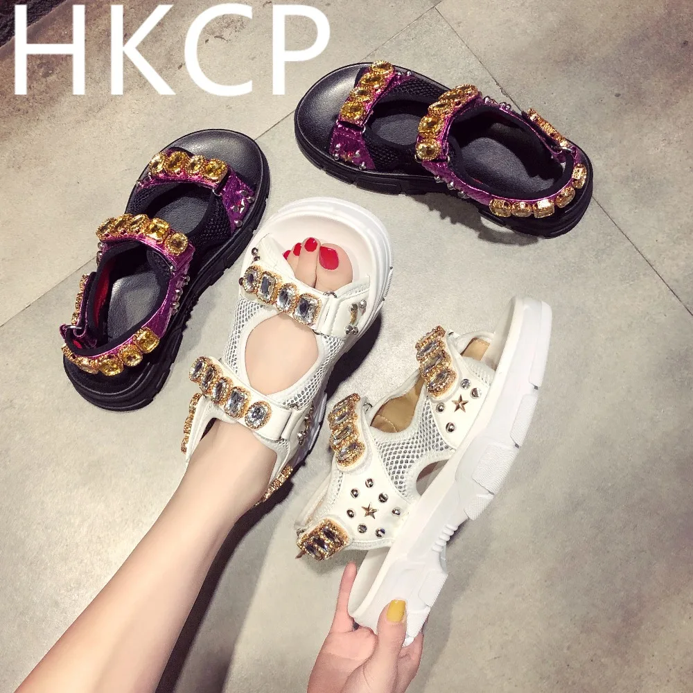 HKCP/Новинка года; модные летние сандалии на толстой подошве; заклепки с алмазами; кожаные кроссовки для женщин; C148