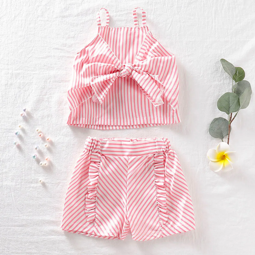 Infant Toddler Kids Baby Girls Clothes Striped Sling Crop Tops Shorts 2PC Outfits Sets 2Piece Suit 6 Months to 5 Years birthday