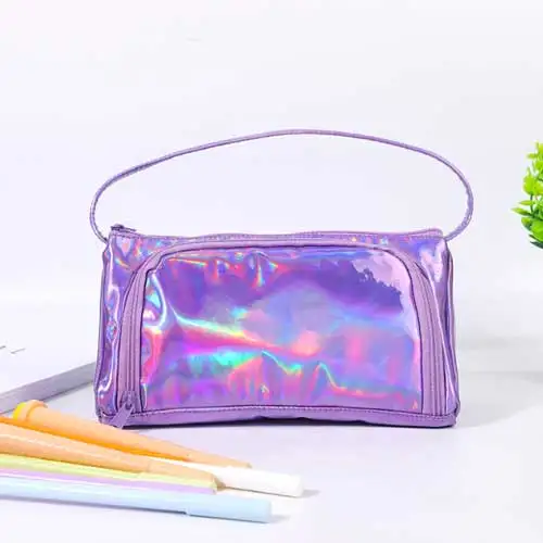 Iridescent Laser School Big Pencil Case for Girls Cute Large Pen Bag pencil box stationery pouch Multifunction school supplies - Цвет: Фиолетовый