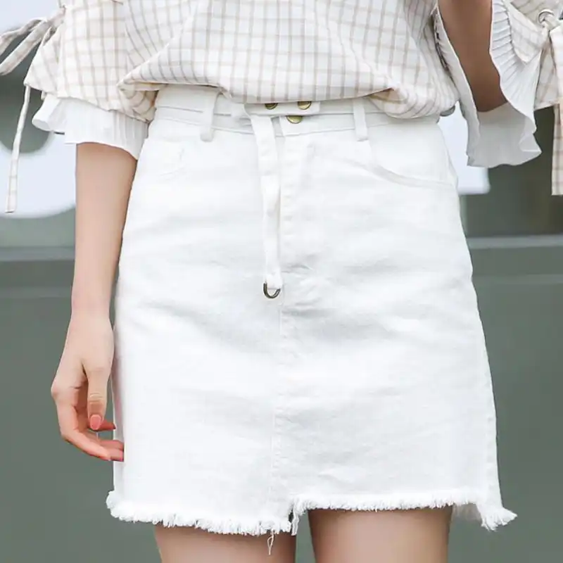 white high waisted denim skirt