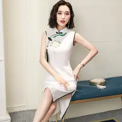 Летний китайский стиль для женщин Broadcloth Qipao Vintintage Cheongsam Сексуальная платье с кисточками без рукавов Vestidos Размеры S M L XL XXL 3XL