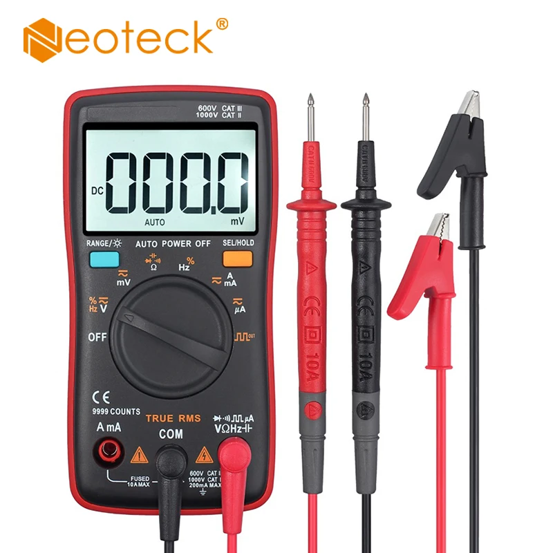 

Neoteck 9999 counts Multimeter True-RMS Digital AC/DC Voltage Tester Multi Meter With Test Lead Banana Plug to Alligator Clip