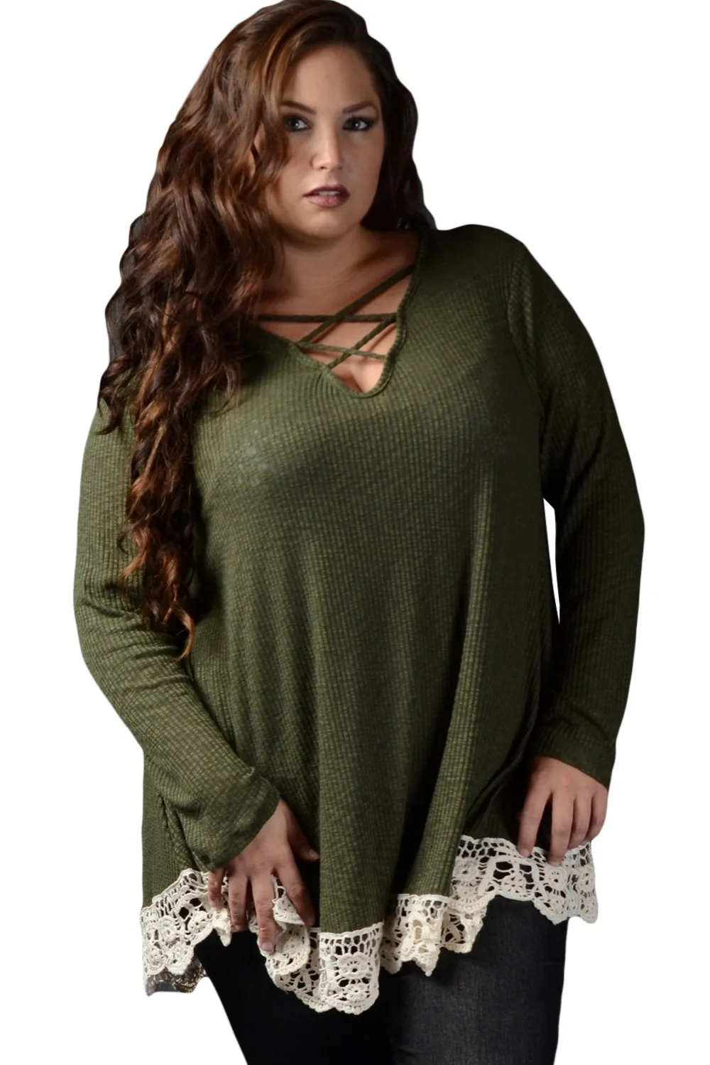 Green-Crisscross-Crochet-Hem-V-Neck-Plus-Size-Top-LC251151-9-1