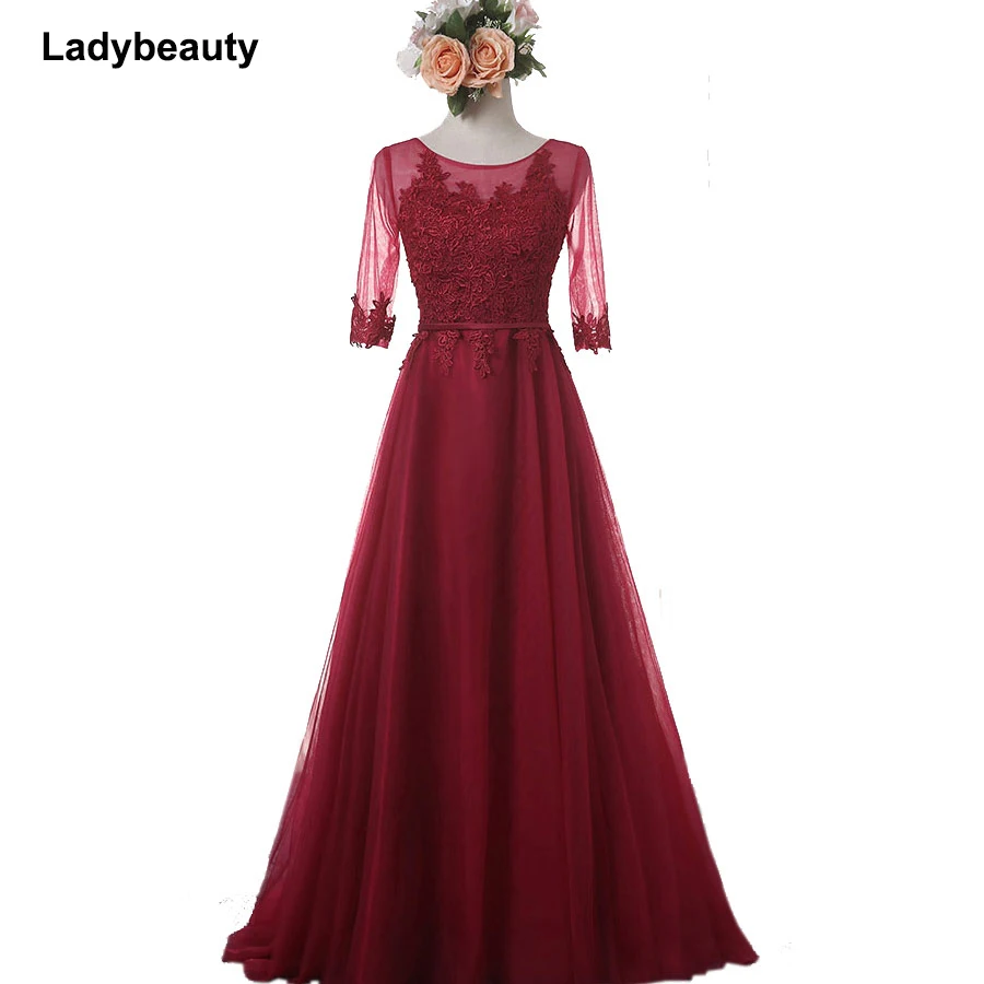 

Ladybeauty 2018 New Evening Dress Half Sleeve Transparent Lace Embroidery Long Prom party Bride Banquet O-Neck Formal Dress