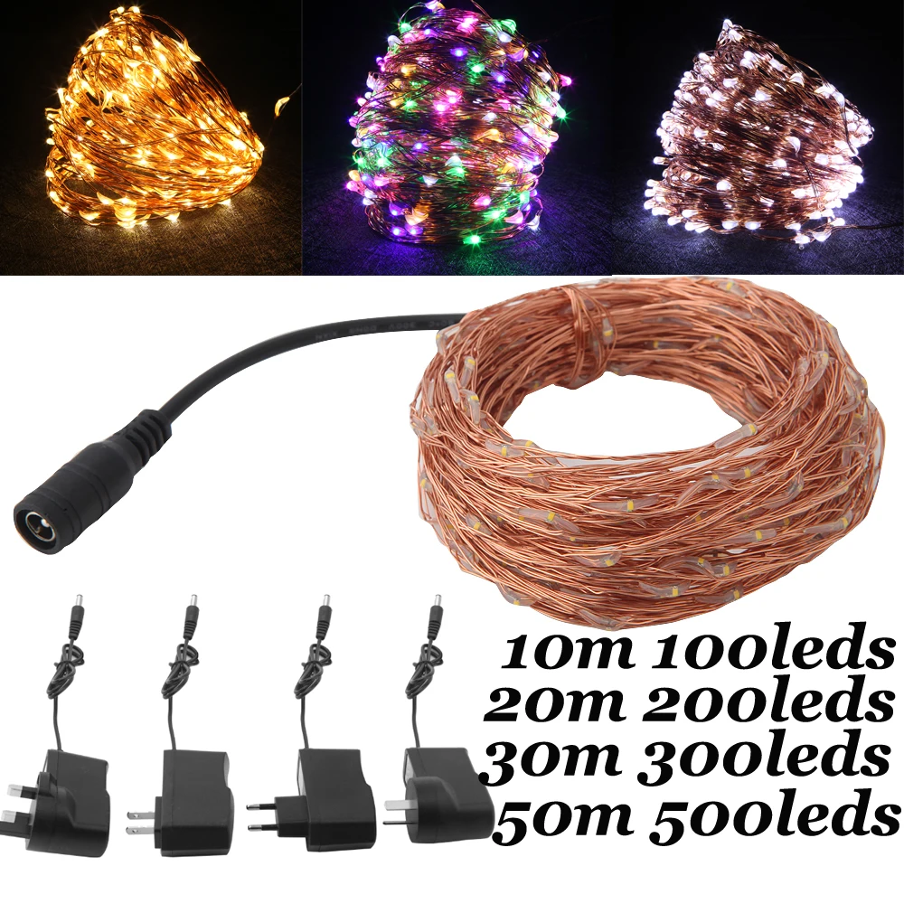 

12V Copper String Lights with Power Adapter 10m 20m 30m 50m Led Fairy Light for Wedding Party Christmas Home Decoration