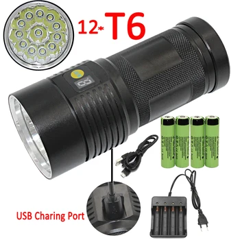 

35000LM 12x XML T6 LED Flashligt USB Rechargeable Torch Lamp Power Digital Display Night Light +4x 18650 Battery + Charger