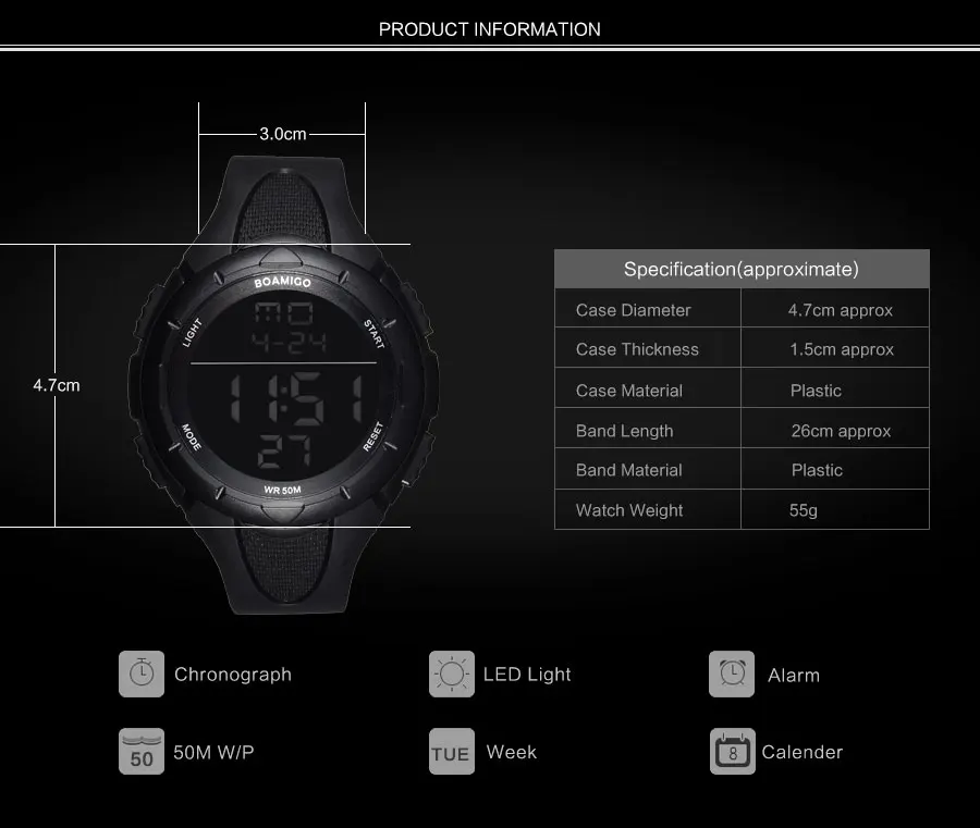 BOAMIGO Брендовые мужские цифровые часы с большим лицом, светодиодный, спортивные часы 50 м, водонепроницаемые, многофункциональные наручные часы Relogios Masculino