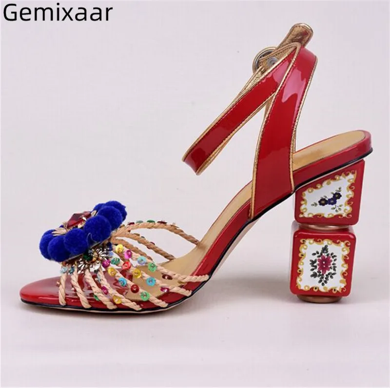 

Lovely Thin Band Studded Flock Flower Chunky Heel Shoes Woman Round Toe Ankle Band Sandales Sweet Bling Solid Women Sandals