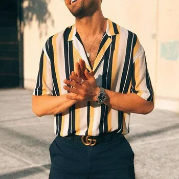

Men Fashion Short Sleeve Regular Fit Button Down Shirt Casual Vertical Striped Shirt May14