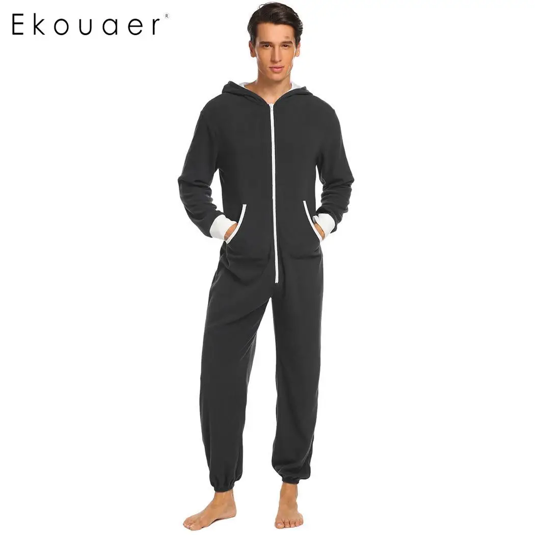 Ekouaer мужской пижамный комплект onesies Пижама флис с капюшоном с длинным рукавом на молнии пэчворк размера плюс цельные пижамы S-XXL - Цвет: Black